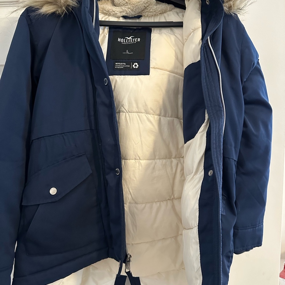 Hollister Navy Blue Puffer Jacket with Faux Fur Hood